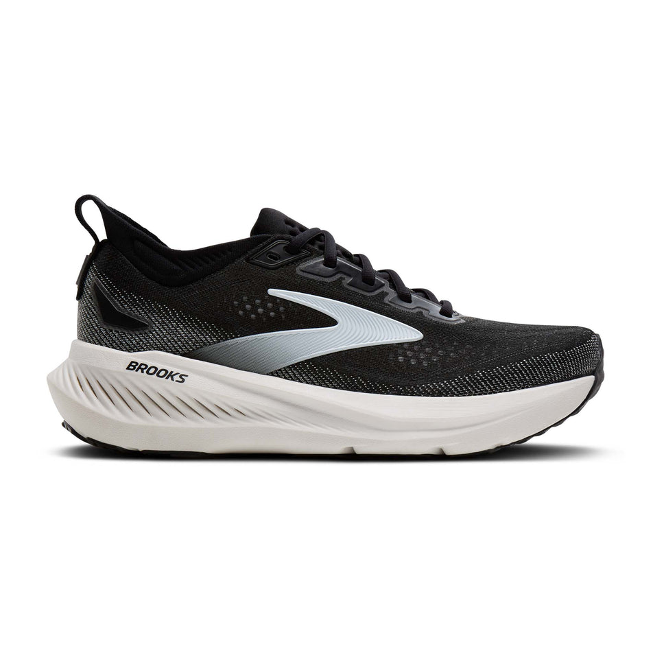 Lateral view of the right shoe from a pair of Brooks Women's Glycerin 23 1D Running Shoes in the Black/Grey/White colourway.
