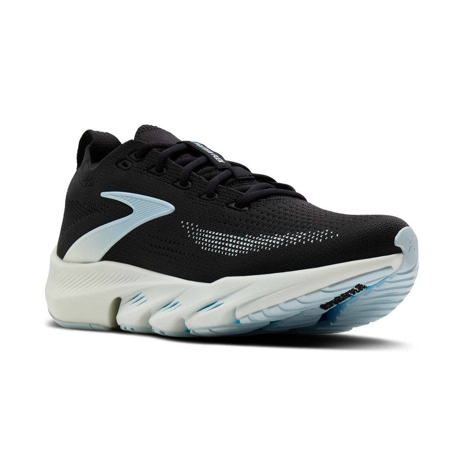 Lateral view of the right shoe from a pair of Brooks Women's Glycerin Flex Running Shoes in the Black/Blue/Blue colourway.