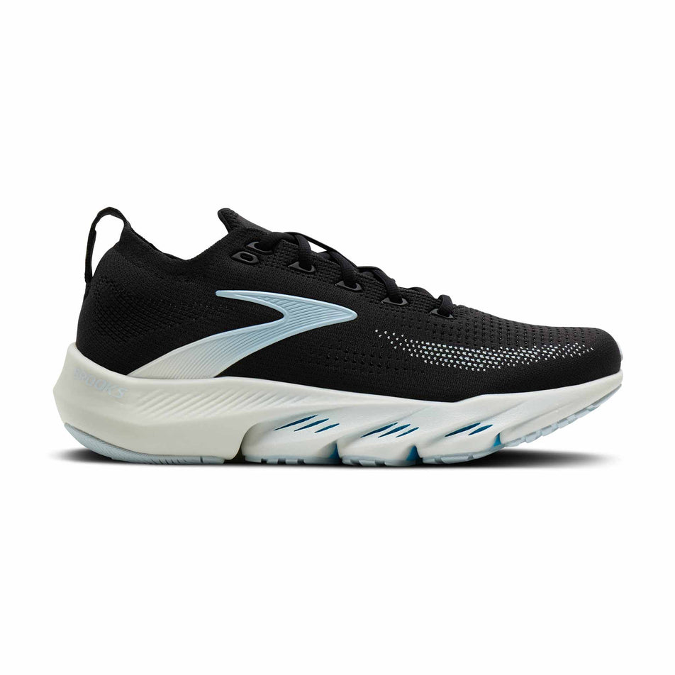 Lateral view of the right shoe from a pair of Brooks Women's Glycerin Flex Running Shoes in the Black/Blue/Blue colourway.