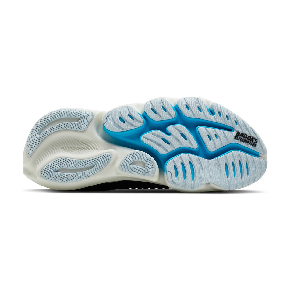 The outsole of the right shoe from a pair of Brooks Women's Glycerin Flex Running Shoes in the Black/Blue/Blue colourway.