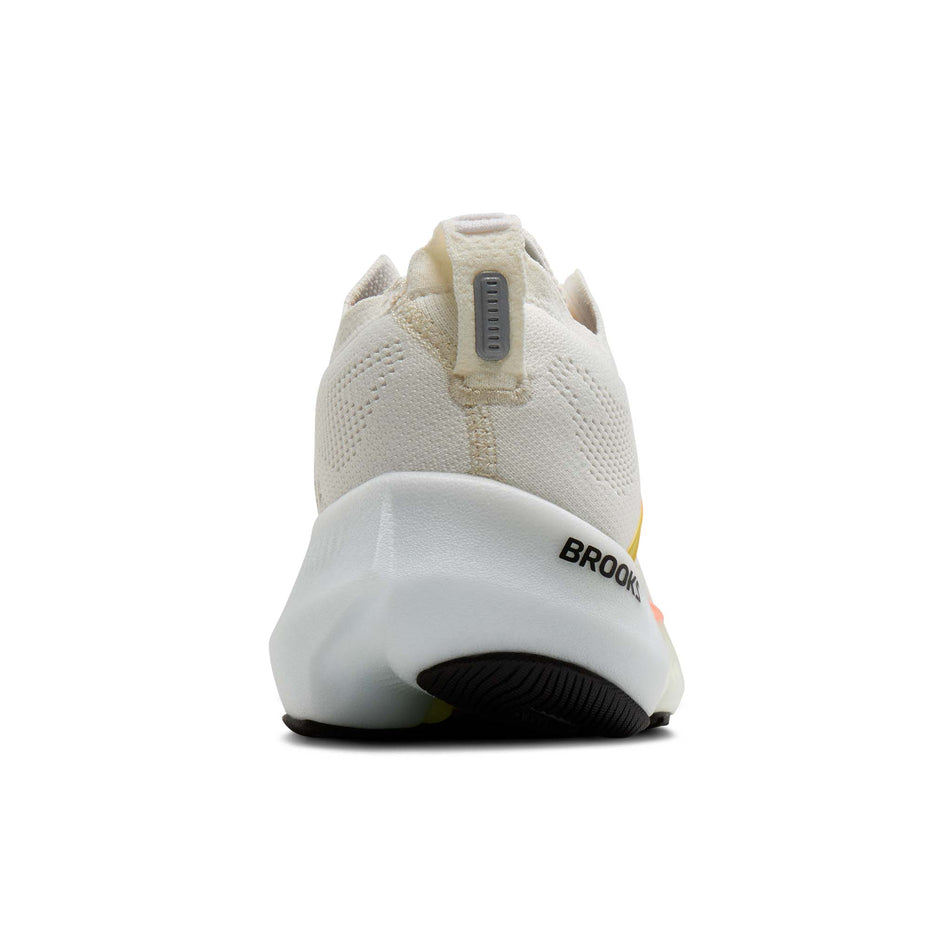 The back of the right shoe from a pair of Brooks Women's Glycerin Flex Running Shoes in the White/Peach/Nightlife colourway.