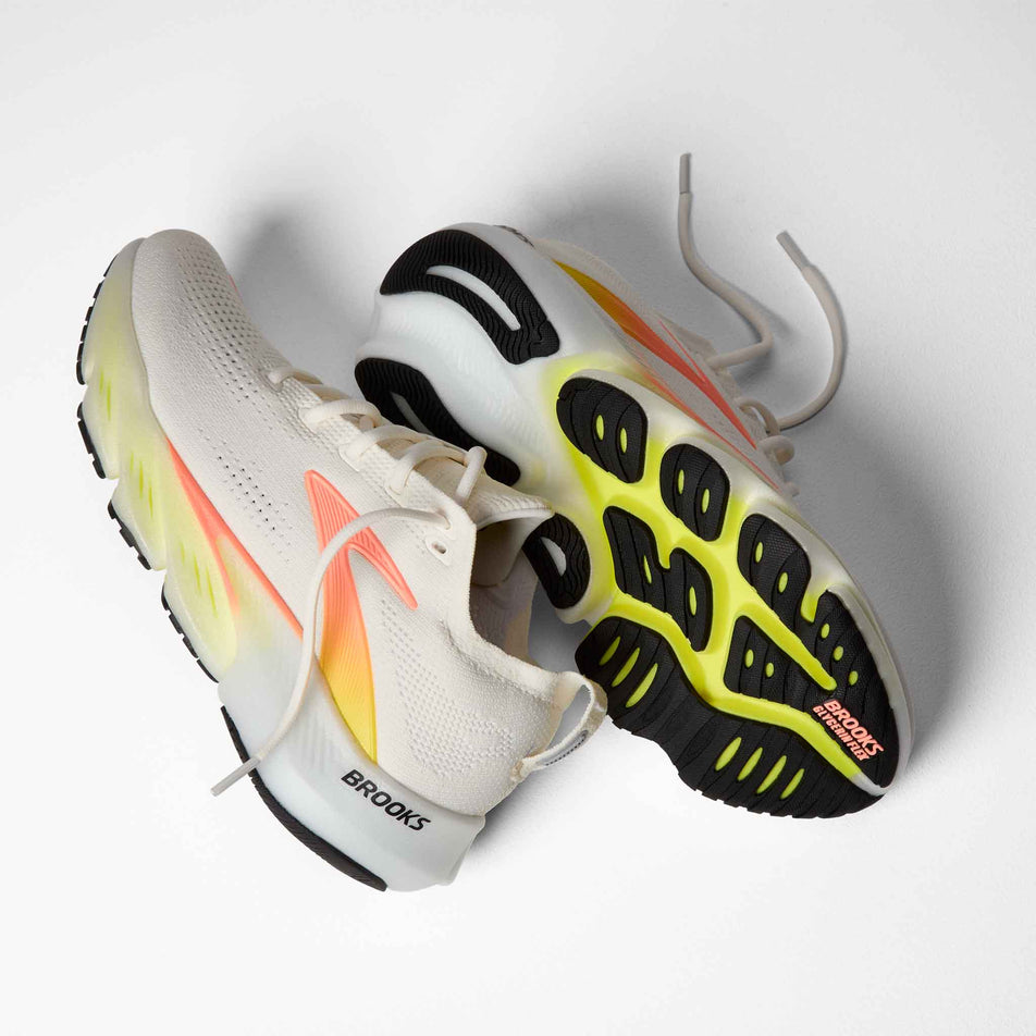A pair of Brooks Women's Glycerin Flex Running Shoes in the White/Peach/Nightlife colourway.
