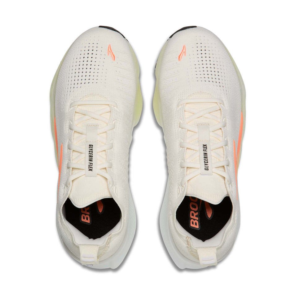 The uppers of a pair of Brooks Women's Glycerin Flex Running Shoes in the White/Peach/Nightlife colourway.