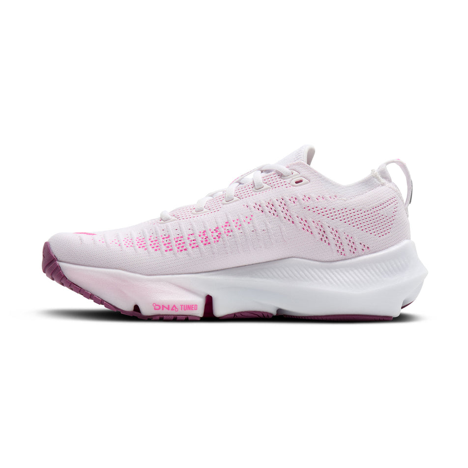 Medial view of the right shoe from a pair of Brooks Women's Glycerin Flex Running Shoes in the White/Cyber Pink/Argyle colourway.