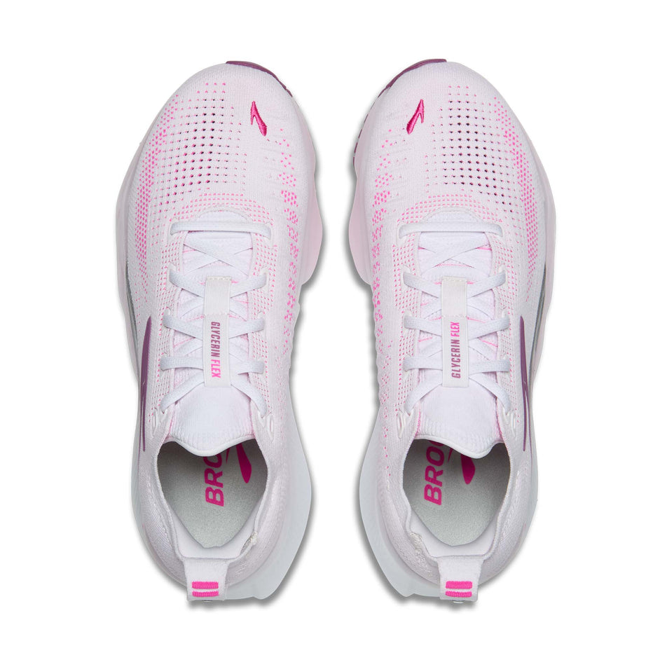 The uppers of a pair of Brooks Women's Glycerin Flex Running Shoes in the White/Cyber Pink/Argyle colourway.