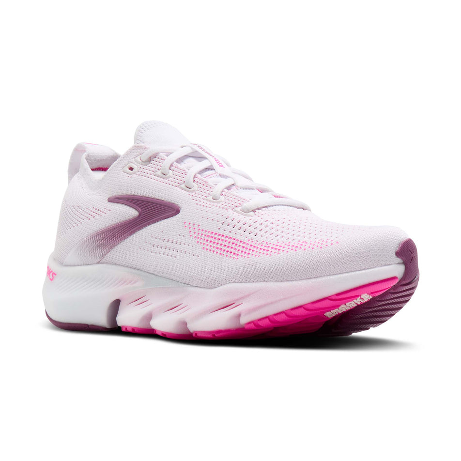 Lateral view of the right shoe from a pair of Brooks Women's Glycerin Flex Running Shoes in the White/Cyber Pink/Argyle colourway.