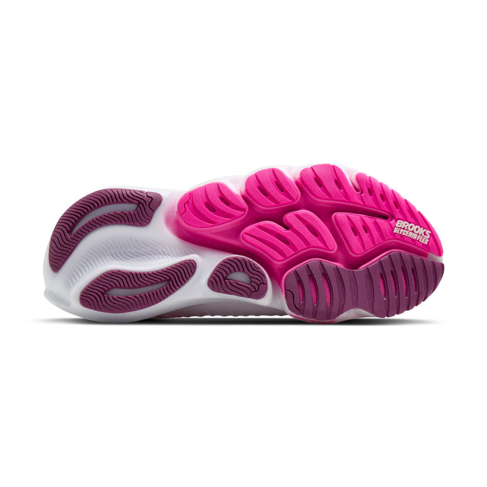 The outsole of the right shoe from a pair of Brooks Women's Glycerin Flex Running Shoes in the White/Cyber Pink/Argyle colourway.