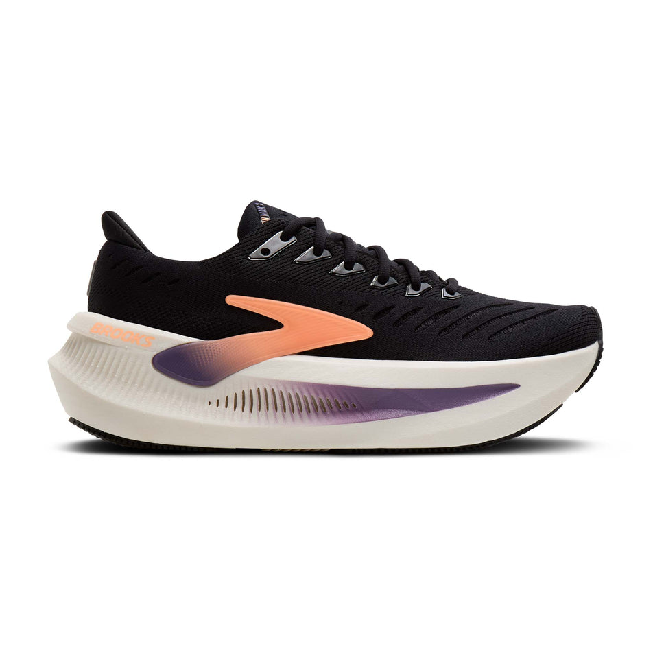 Lateral view of the right shoe from a pair of Brooks Women's Glycerin Max 2 Running Shoes in the Black/Peach/Clear colourway.