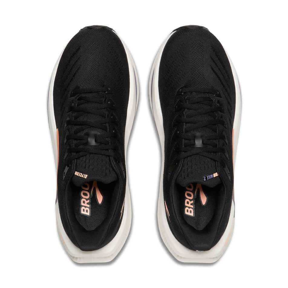 The uppers of a pair of Brooks Women's Glycerin Max 2 Running Shoes in the Black/Peach/Clear colourway.