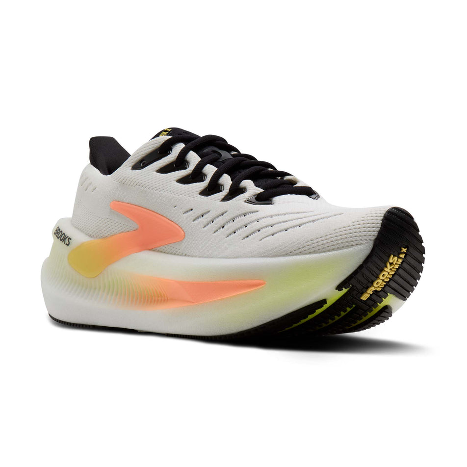 Lateral view of the right shoe from a pair of Brooks Women's Glycerin Max 2 Running Shoes in the White/Cyber Yellow/Nightlife colourway.