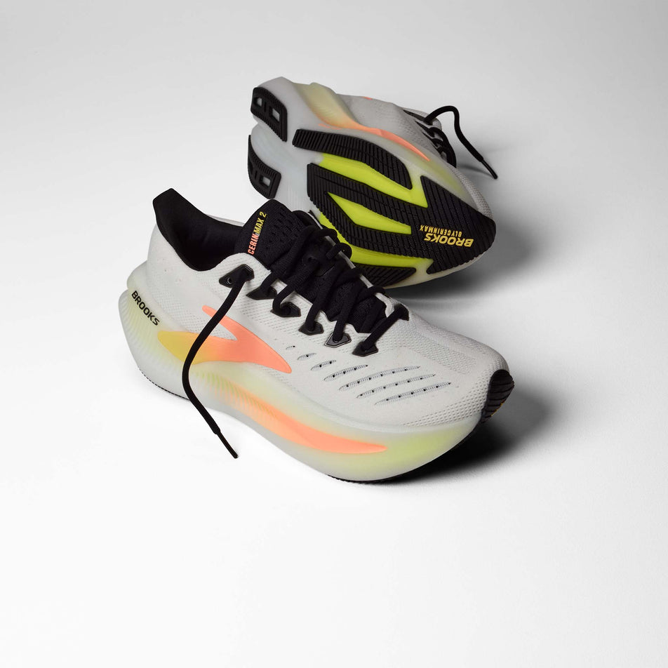 A pair of Brooks Women's Glycerin Max 2 Running Shoes in the White/Cyber Yellow/Nightlife colourway.