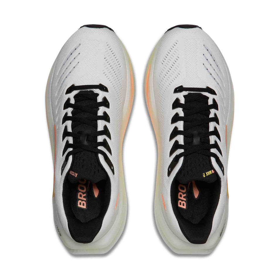 The uppers of a pair of Brooks Women's Glycerin Max 2 Running Shoes in the White/Cyber Yellow/Nightlife colourway.