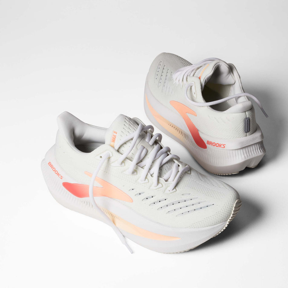 A pair of Brooks Women's Glycerin Max 2 Running Shoes in the White/Coral/Peach colourway.