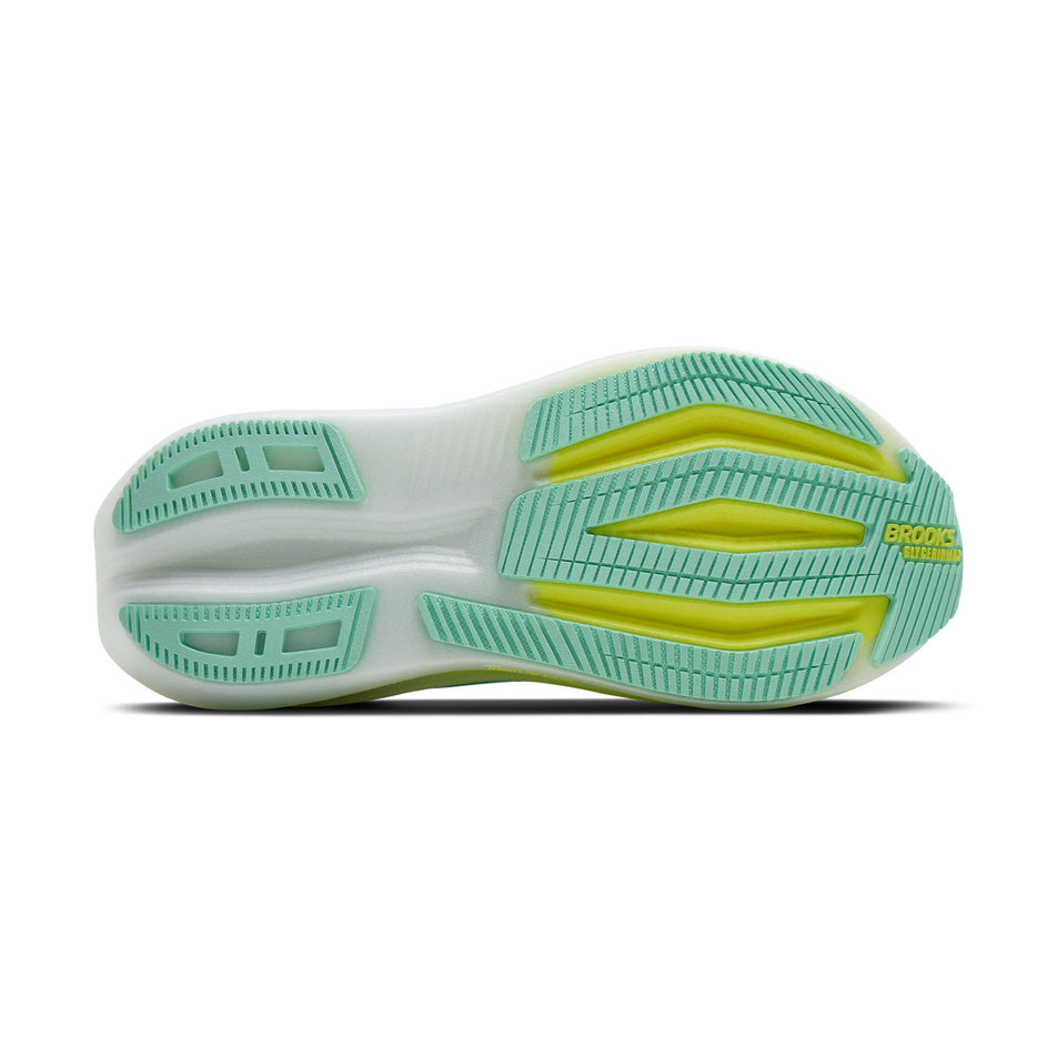 The outsole of the right shoe from a pair of Brooks Women's Glycerin Max 2 Running Shoes in the Yucca/Nightlife/White colourway.