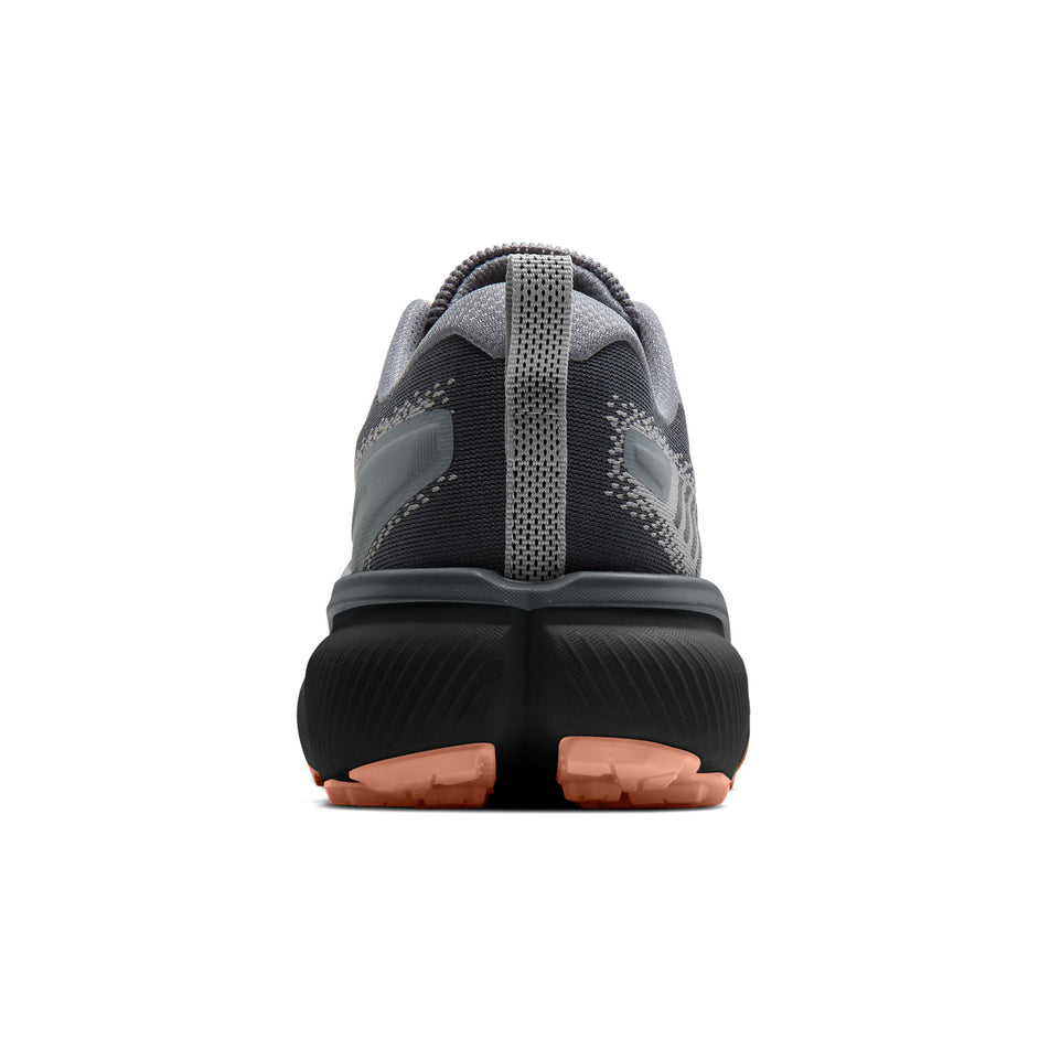 The back of the right shoe from a pair of Brooks Women's Cascadia 20 Running Shoes in the Grey/Grey/Peach colourway.