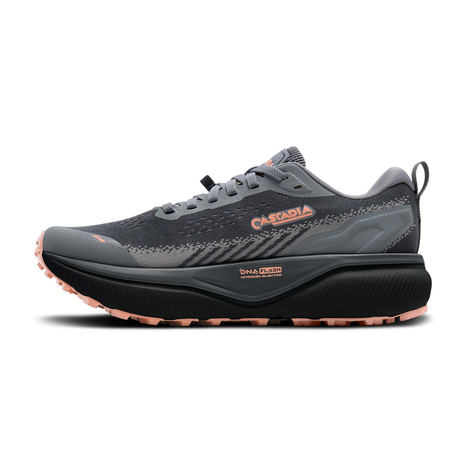 Medial view of the right shoe from a pair of Brooks Women's Cascadia 20 Running Shoes in the Grey/Grey/Peach colourway.