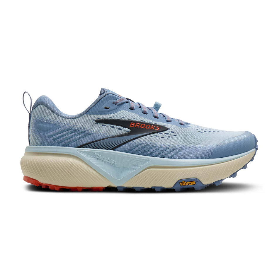 Lateral view of the right shoe from a pair of Brooks Women's Cascadia 20 Running Shoes in the  Nantucket/Blue/Tigerlily colourway.