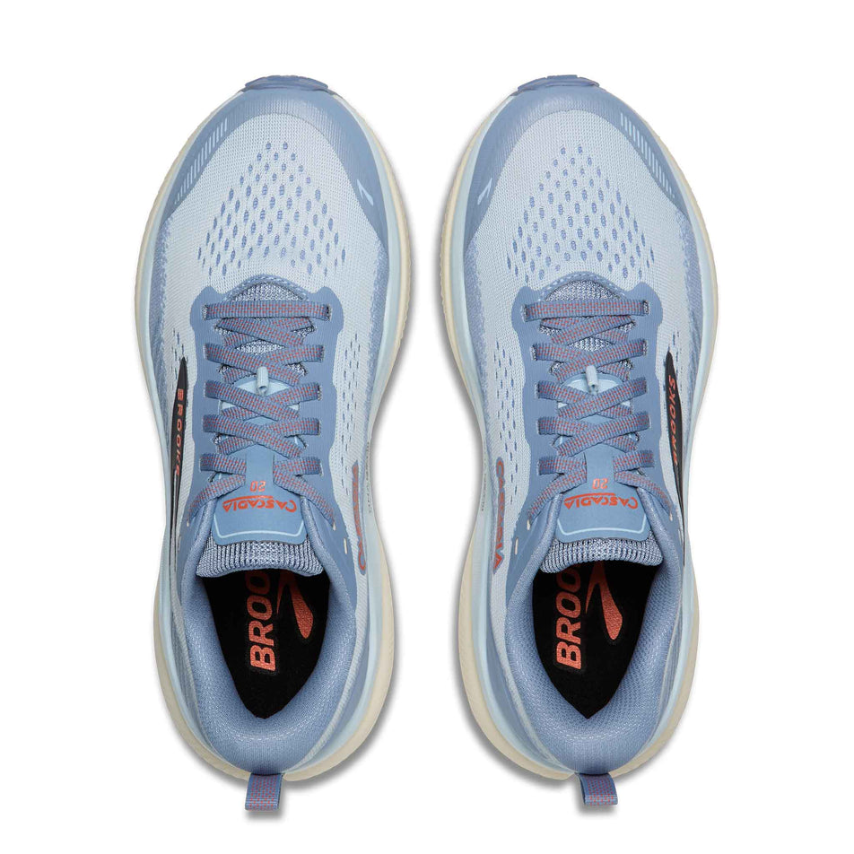 The uppers of a pair of Brooks Women's Cascadia 20 Running Shoes in the  Nantucket/Blue/Tigerlily colourway.