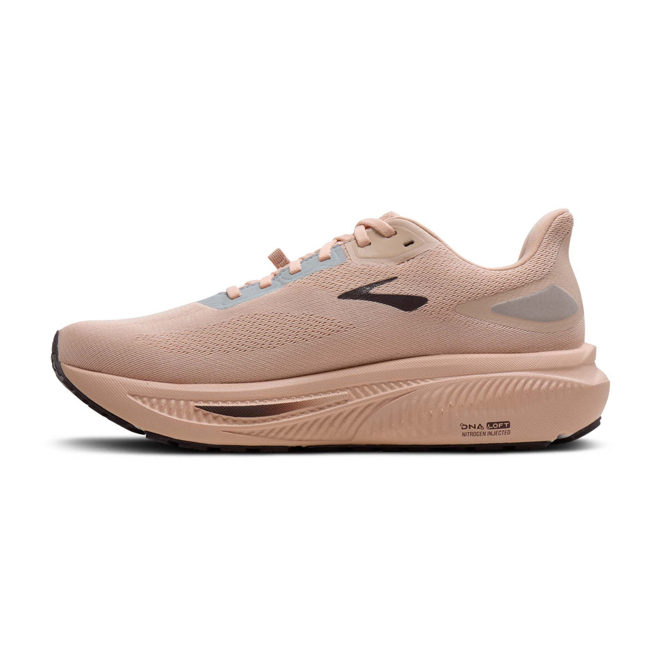 Medial view of the right shoe from a pair of Brooks Women's Ghost 18 GTX Running Shoes in the Rose Dust/Raisin colourway.