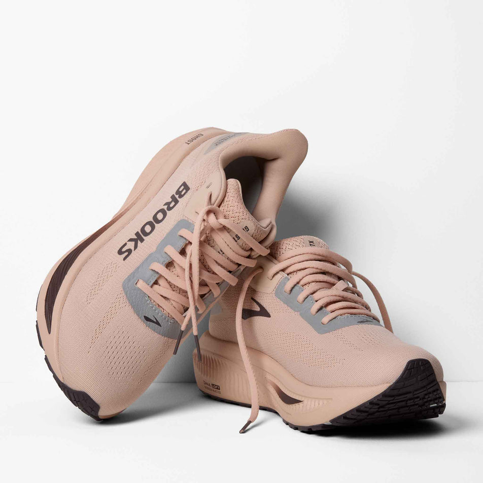 A pair of Brooks Women's Ghost 18 GTX Running Shoes in the Rose Dust/Raisin colourway.