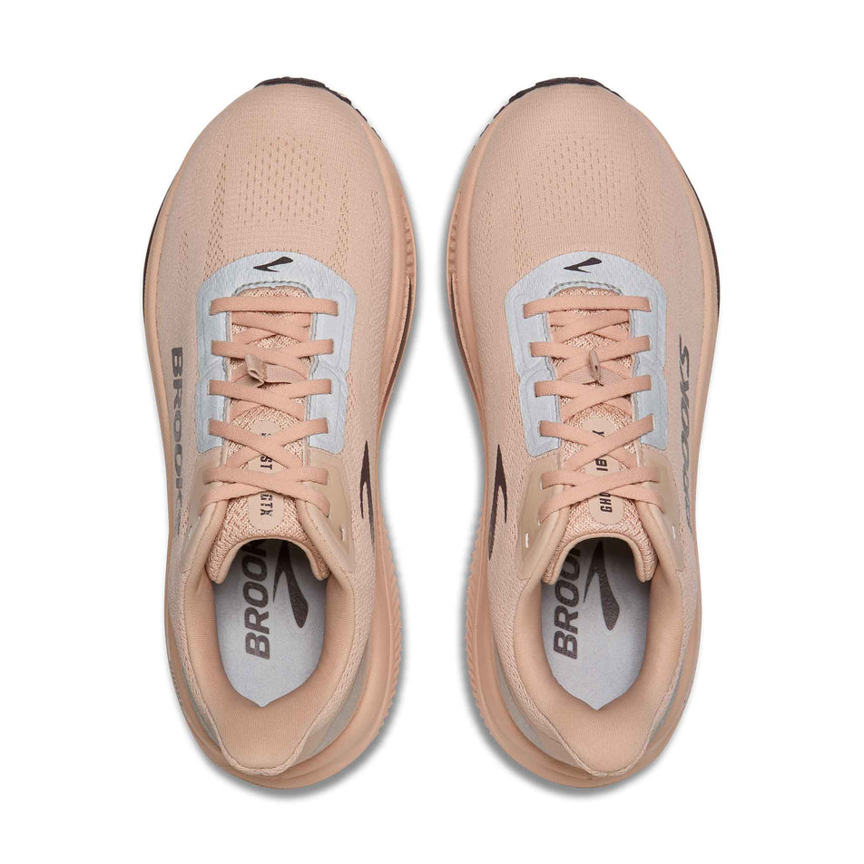The uppers of a pair of Brooks Women's Ghost 18 GTX Running Shoes in the Rose Dust/Raisin colourway.