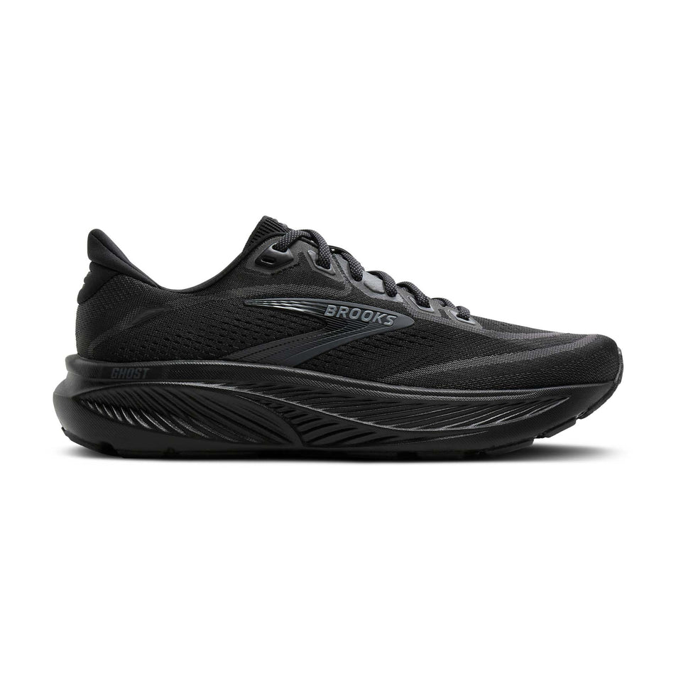 Lateral view of the right shoe from a pair of Brooks Women's Ghost 18 Running Shoes in the Black/Black/Ebony colourway.
