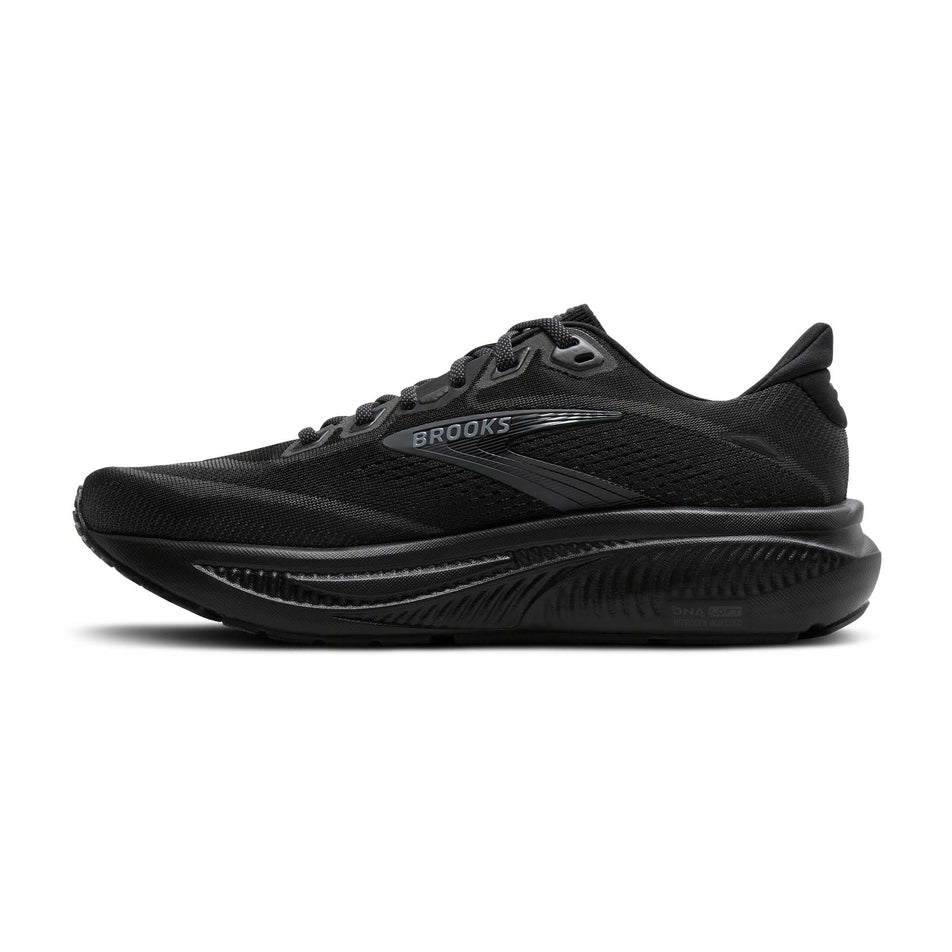 Medial view of the right shoe from a pair of Brooks Women's Ghost 18 Running Shoes in the Black/Black/Ebony colourway.