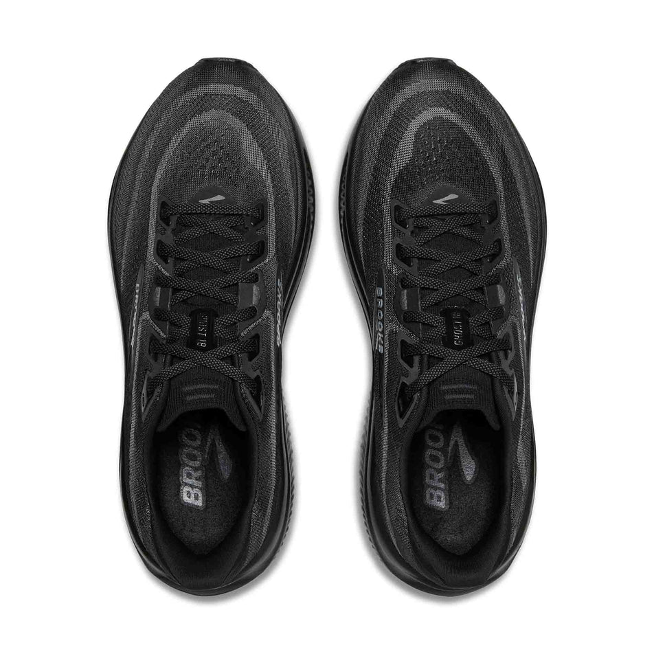 The uppers of a pair of Brooks Women's Ghost 18 Running Shoes in the Black/Black/Ebony colourway.