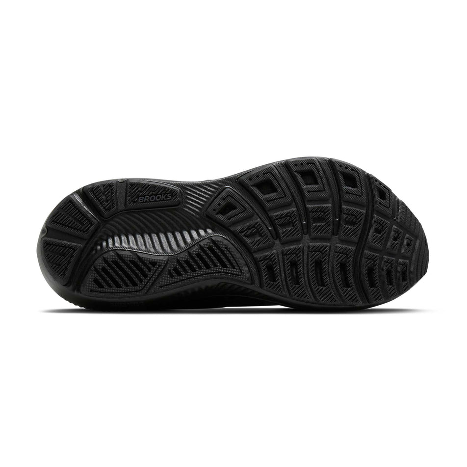 The outsole of the right shoe from a pair of Brooks Women's Ghost 18 Running Shoes in the Black/Black/Ebony colourway.