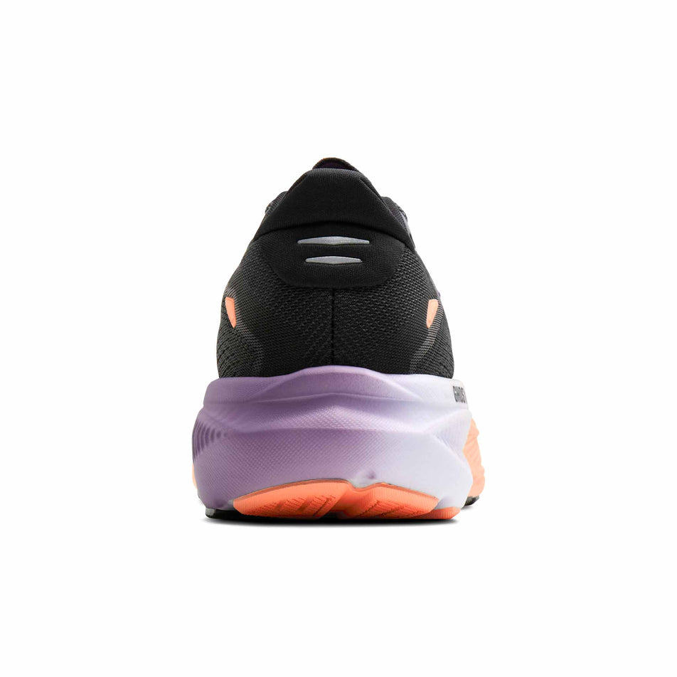 The back of the right shoe from a pair of Brooks Women's Ghost 18 Running Shoes in the Black/Mulled Grape/Peach colourway.