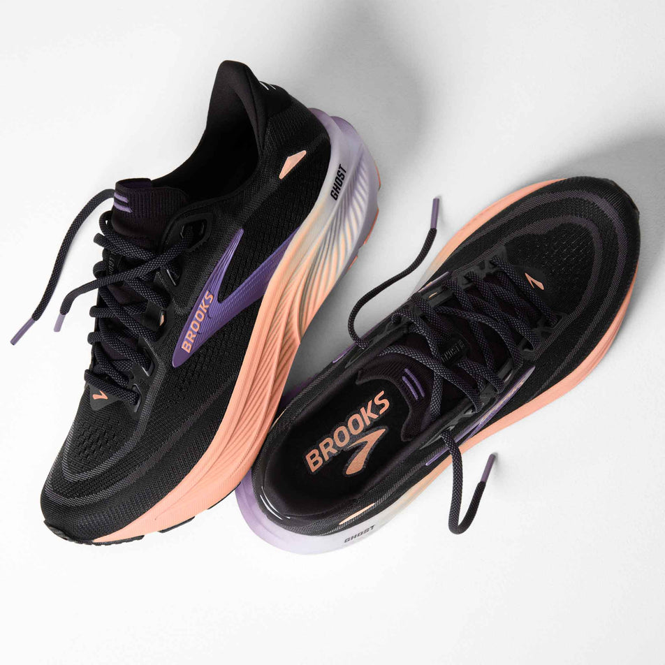 A pair of Brooks Women's Ghost 18 Running Shoes in the Black/Mulled Grape/Peach colourway.