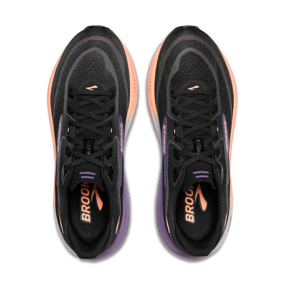The uppers of a pair of Brooks Women's Ghost 18 Running Shoes in the Black/Mulled Grape/Peach colourway.