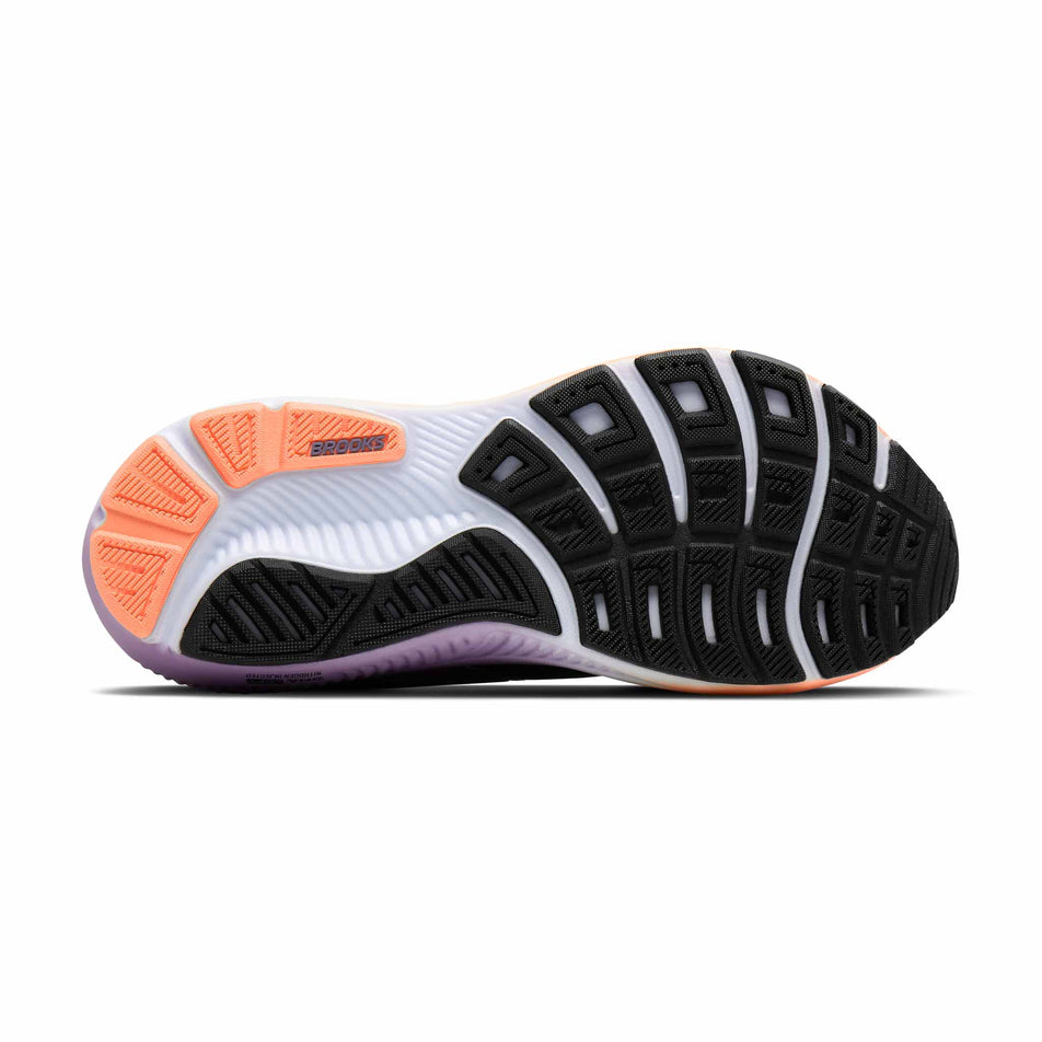 The outsole of the right shoe from a pair of Brooks Women's Ghost 18 Running Shoes in the Black/Mulled Grape/Peach colourway.