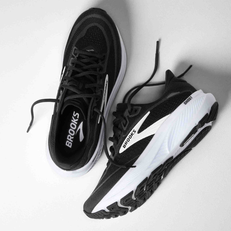 A pair of Brooks Women's Ghost 18 Running Shoes in the Black/Grey/White colourway.