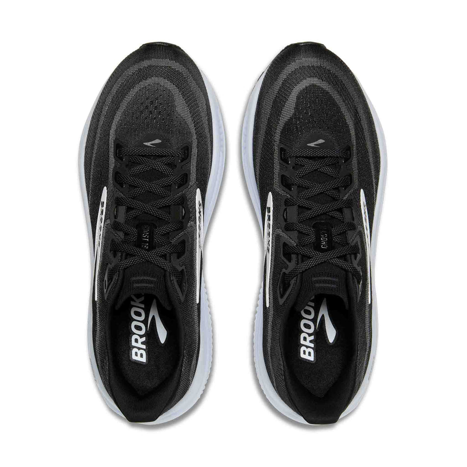 The uppers of a pair of Brooks Women's Ghost 18 Running Shoes in the Black/Grey/White colourway.