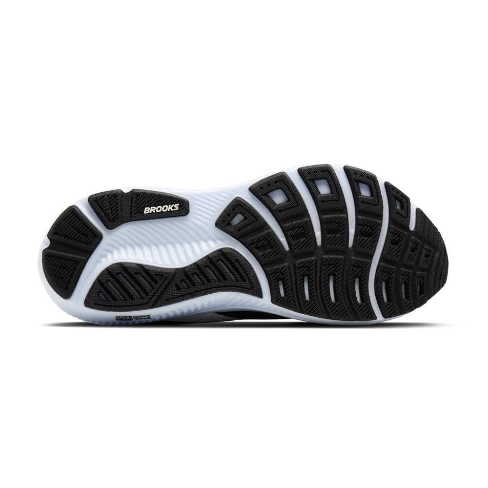 The outsole of the right shoe from a pair of Brooks Women's Ghost 18 Running Shoes in the Black/Grey/White colourway.