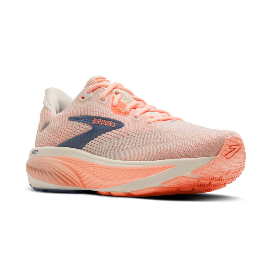 Lateral view of the right shoe from a pair of Brooks Women's Ghost 18 Running Shoes in the Star White/Cyber Peach/Grey colourway.