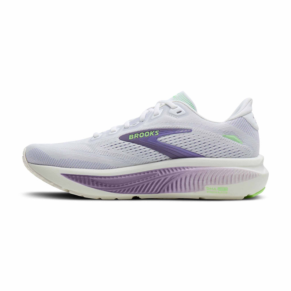 Medial view of the right shoe from a pair of Brooks Women's Ghost 18 Running Shoes in the White/Purple Hebe/Green colourway.
