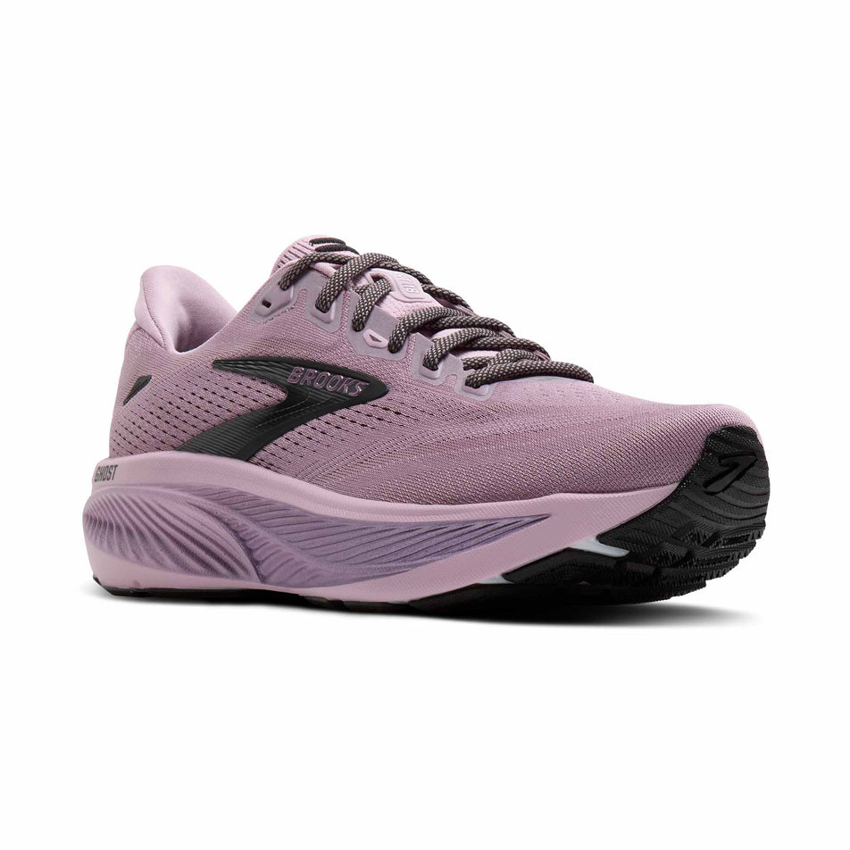 Lateral view of the right shoe from a pair of Brooks Women's Ghost 18 Running Shoes in the Elderberry/Black colourway.