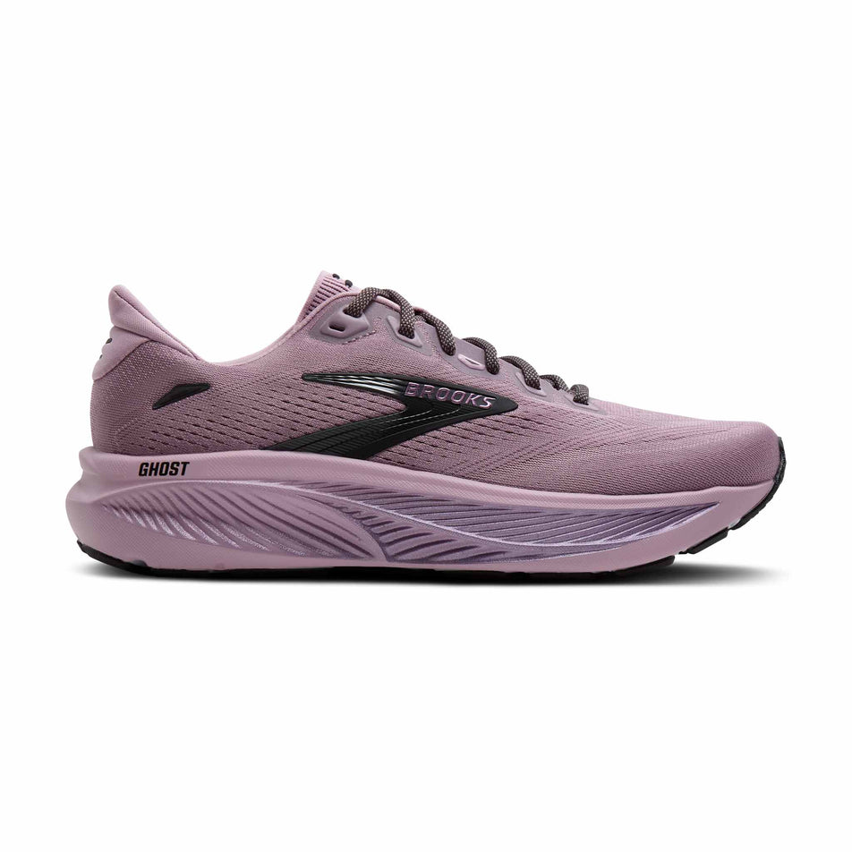Lateral view of the right shoe from a pair of Brooks Women's Ghost 18 Running Shoes in the Elderberry/Black colourway.