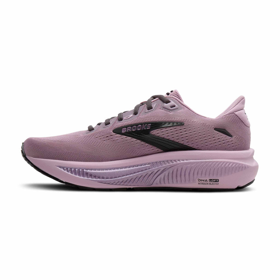 Medial view of the right shoe from a pair of Brooks Women's Ghost 18 Running Shoes in the Elderberry/Black colourway.