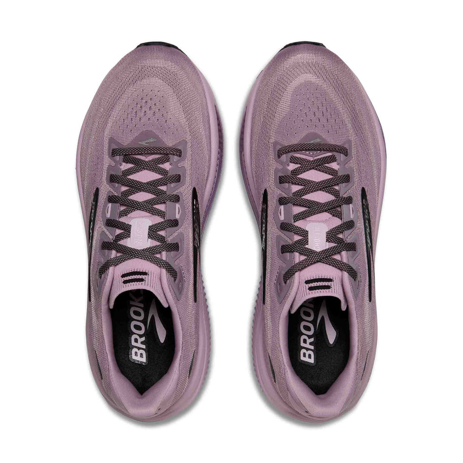 The uppers of a pair of Brooks Women's Ghost 18 Running Shoes in the Elderberry/Black colourway.