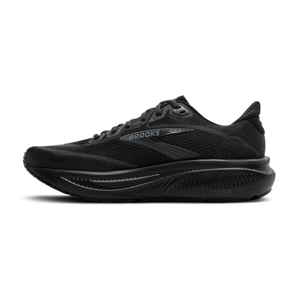 Medial view of the right shoe from a pair of Brooks Women's Ghost 18 1D Running Shoes in the Black/Black/Ebony colourway.