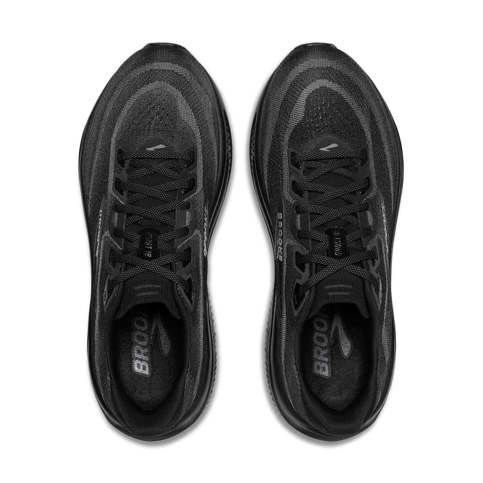 The uppers of a pair of Brooks Women's Ghost 18 1D Running Shoes in the Black/Black/Ebony colourway.