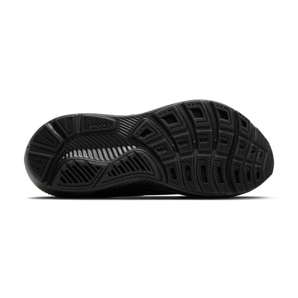 The outsole of the right shoe from a pair of Brooks Women's Ghost 18 1D Running Shoes in the Black/Black/Ebony colourway.