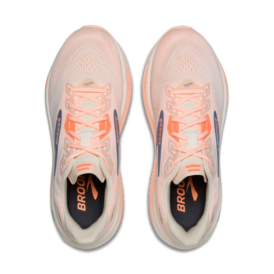 The uppers of a pair of Brooks Women's Ghost 18 1D Running Shoes in the Star White/Cyber Peach/Grey colourway.