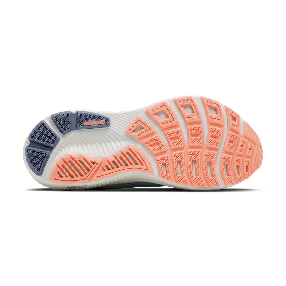 The outsole of the right shoe from a pair of Brooks Women's Ghost 18 1D Running Shoes in the Star White/Cyber Peach/Grey colourway.