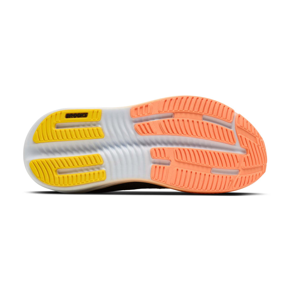The outsole of the right shoe from a pair of Brooks Women's Ghost Max 4 Running Shoes in the Black/Folkstone/Cyber Peach colourway.