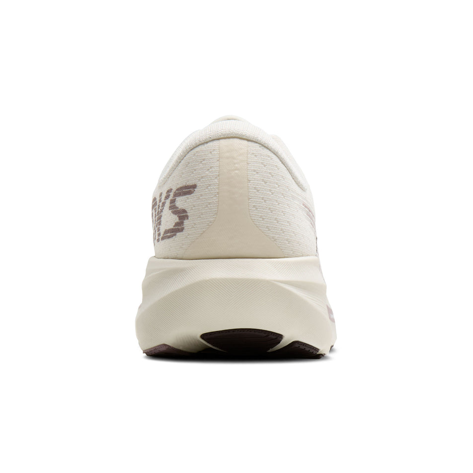 The back of the right shoe from a pair of Brooks Women's Ghost AMP Running Shoes in the Arctic Wolf/Dove/Pink colourway.