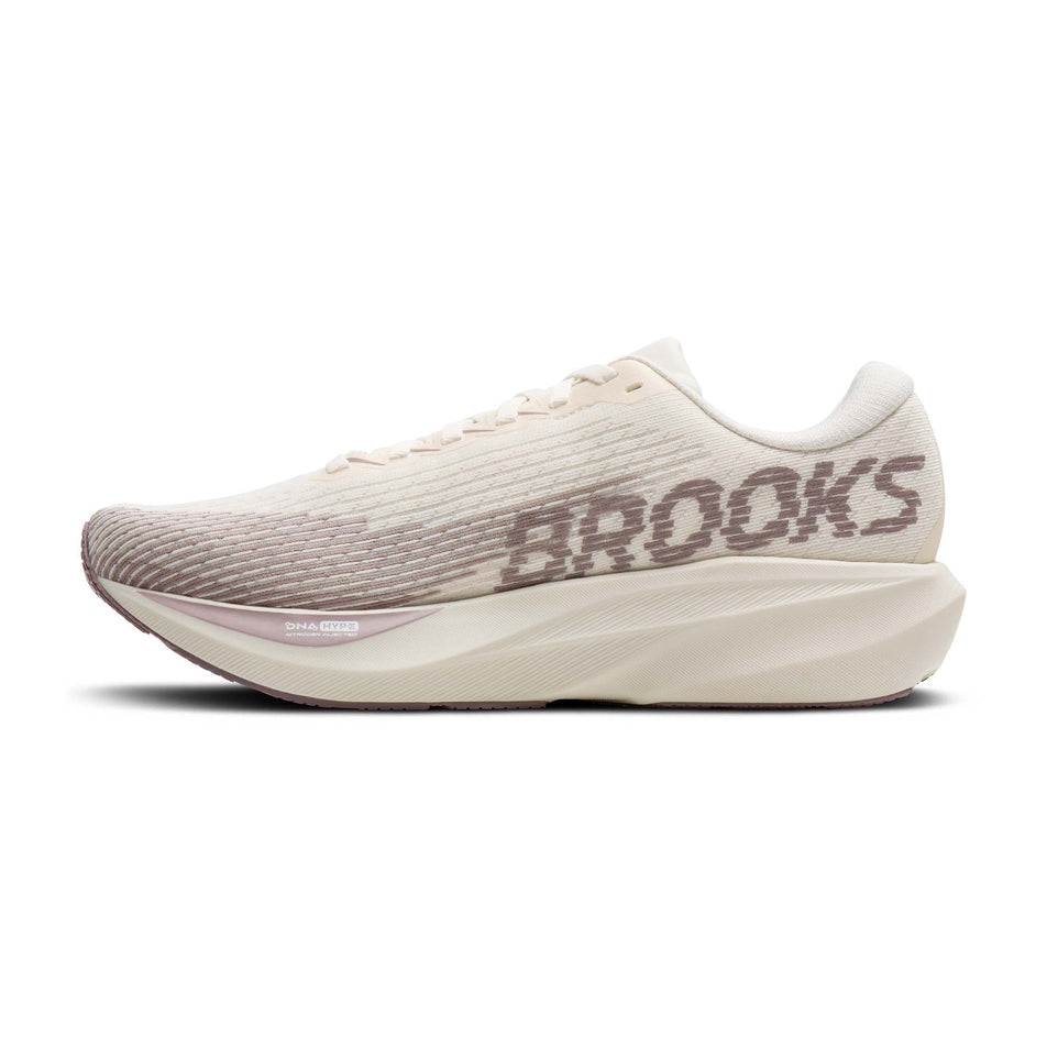 Medial view of the right shoe from a pair of Brooks Women's Ghost AMP Running Shoes in the Arctic Wolf/Dove/Pink colourway.